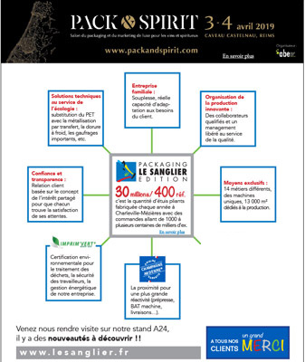 Actu du 21/03/2019 - Le Sanglier Packaging sera heureux de vous retrouver au Pack and Spirit les 3 et 4 avril